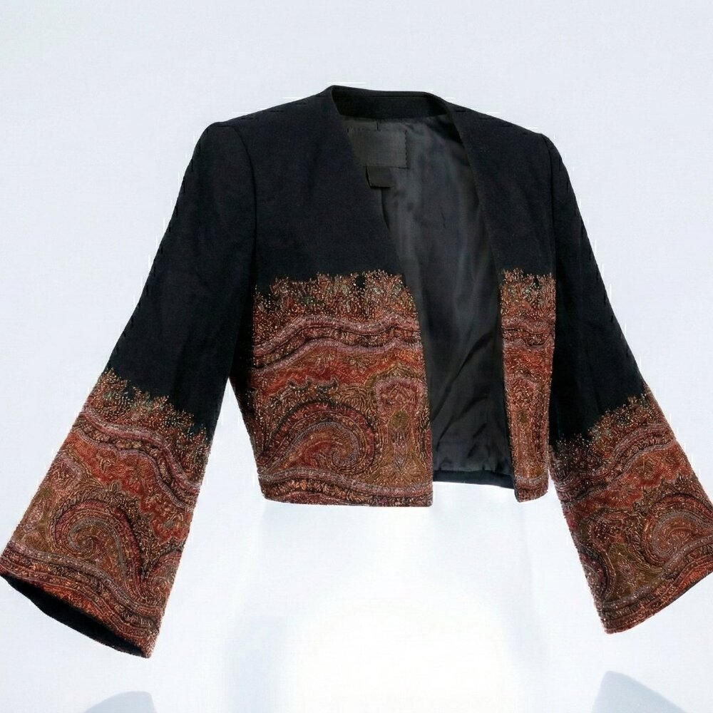 Rare Vintage NOLAN MILLER Red & Orange Paisley Embroidered Bolero - 80s Dynasty